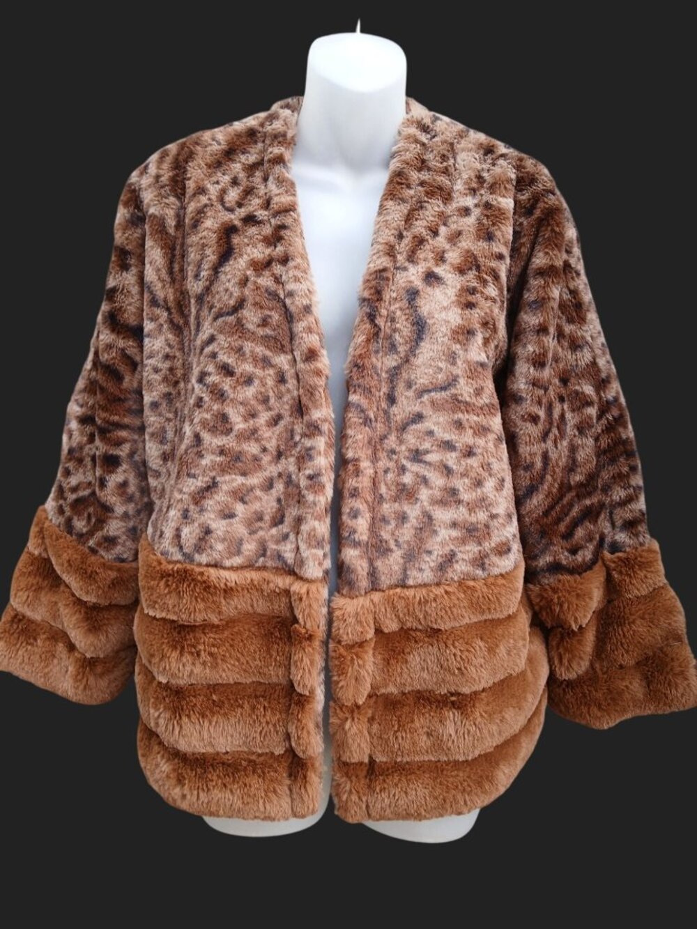 Mystree Womens Brown Leopard Print Faux Fur Jacket Size M Pockets Cozy Teddy